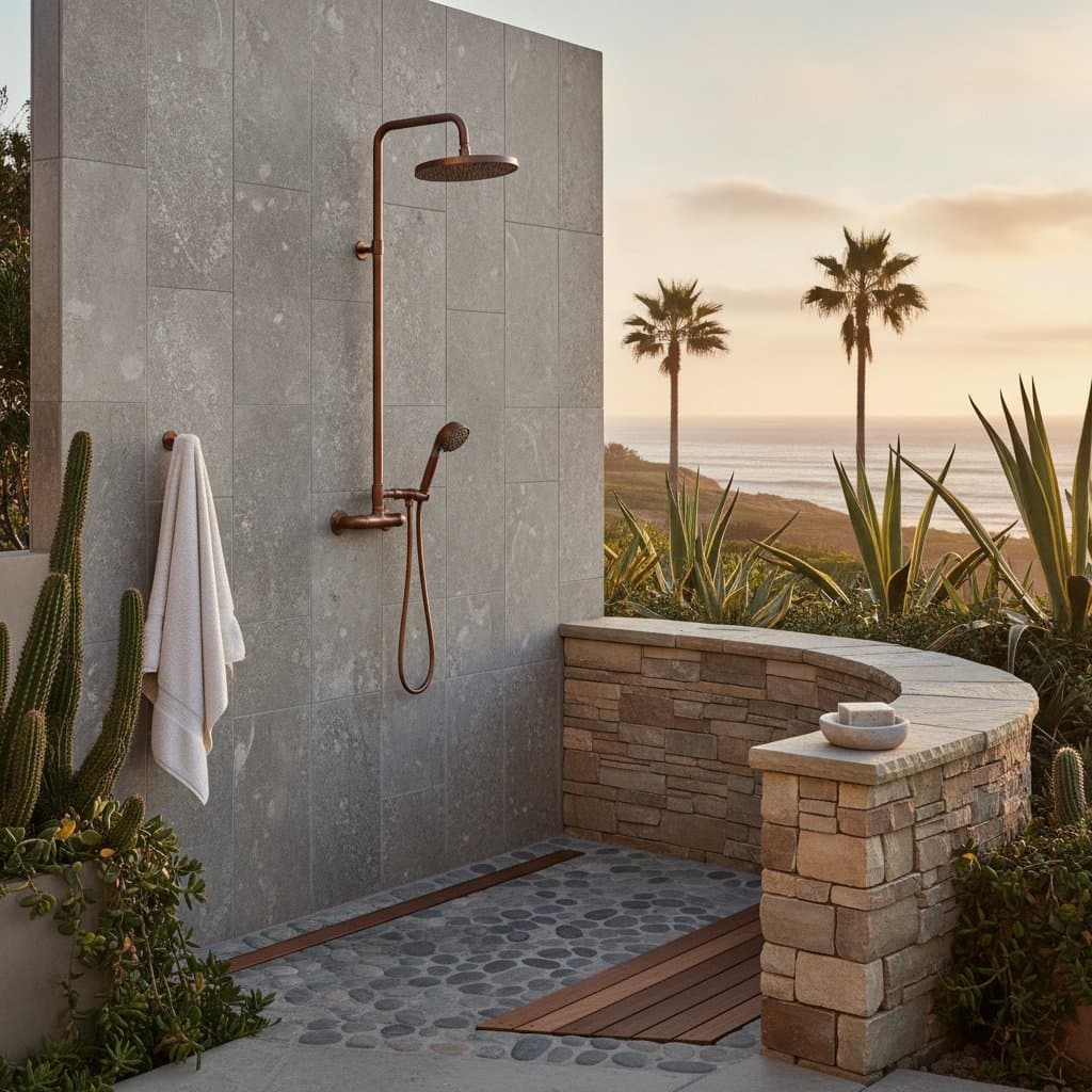 Featured image for Copper and Stone Create Timeless Outdoor Shower Luxury